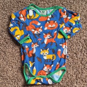 Folk Blue Fox Print Long-Sleeve One-Piece with Green Trim